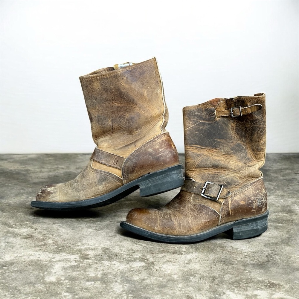 Frye Distressed Brown Leather Boots with Buckles